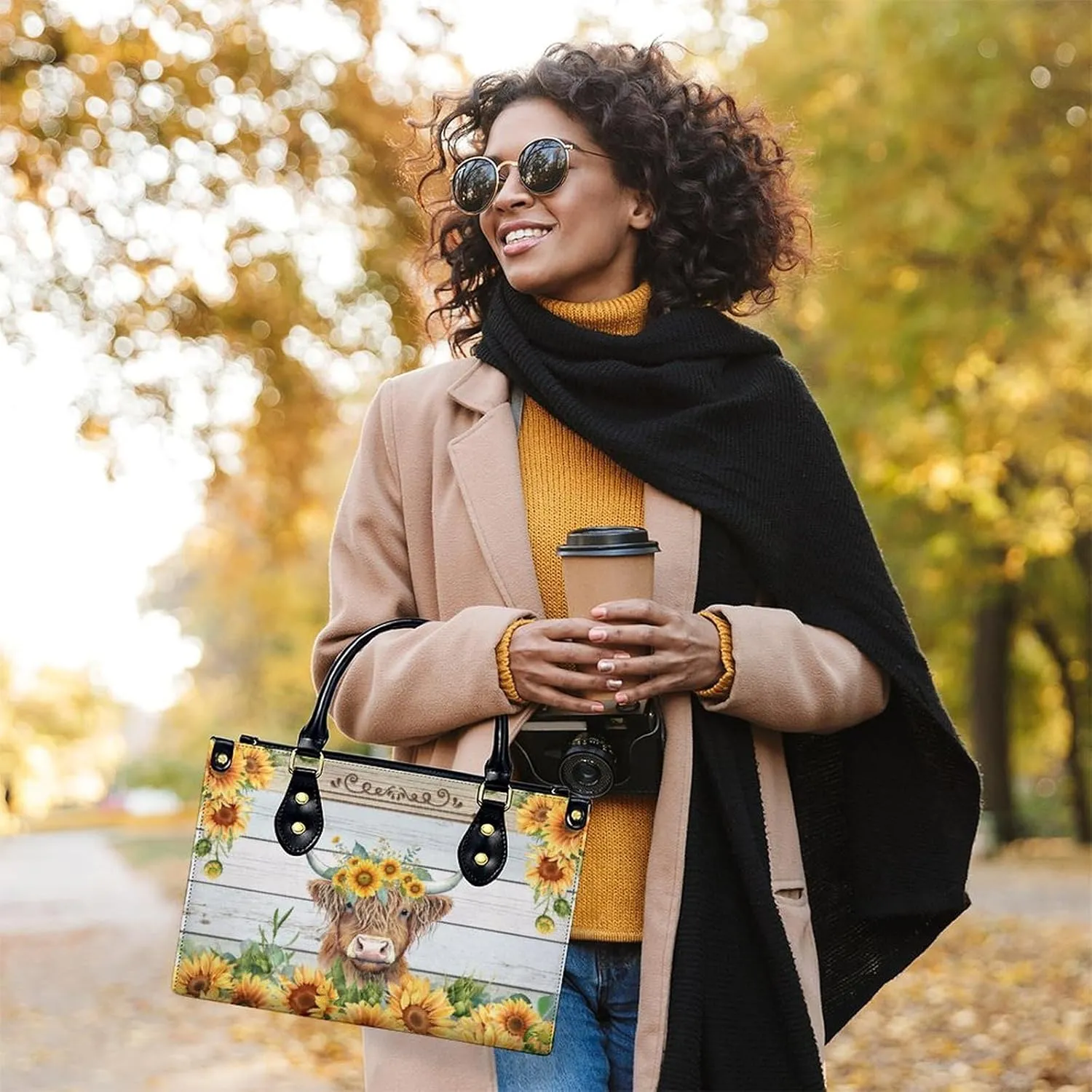 Personalized Leather Handbag for Women, Highland Cow Tote Bag, Casual Sunflower Crossbody Top-Handle Bag, Gifts for Women