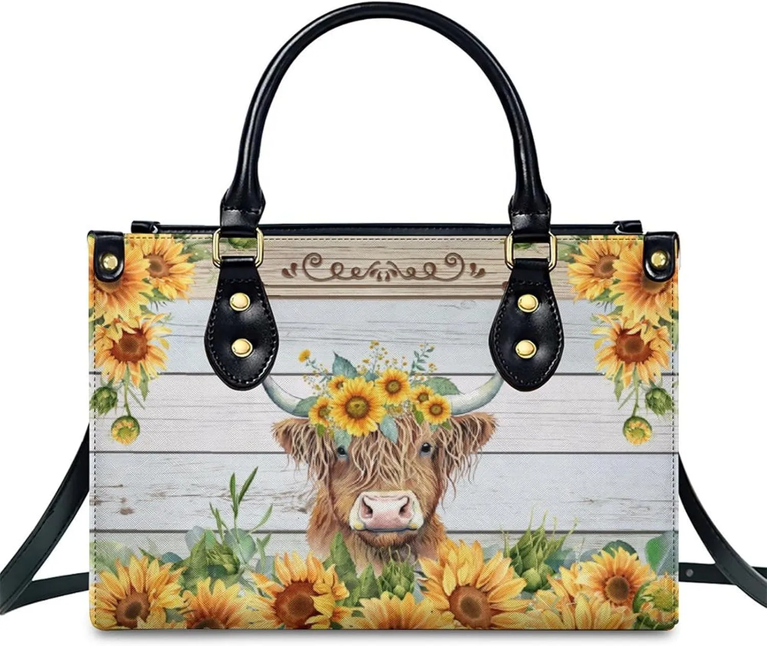 Personalized Leather Handbag for Women, Highland Cow Tote Bag, Casual Sunflower Crossbody Top-Handle Bag, Gifts for Women
