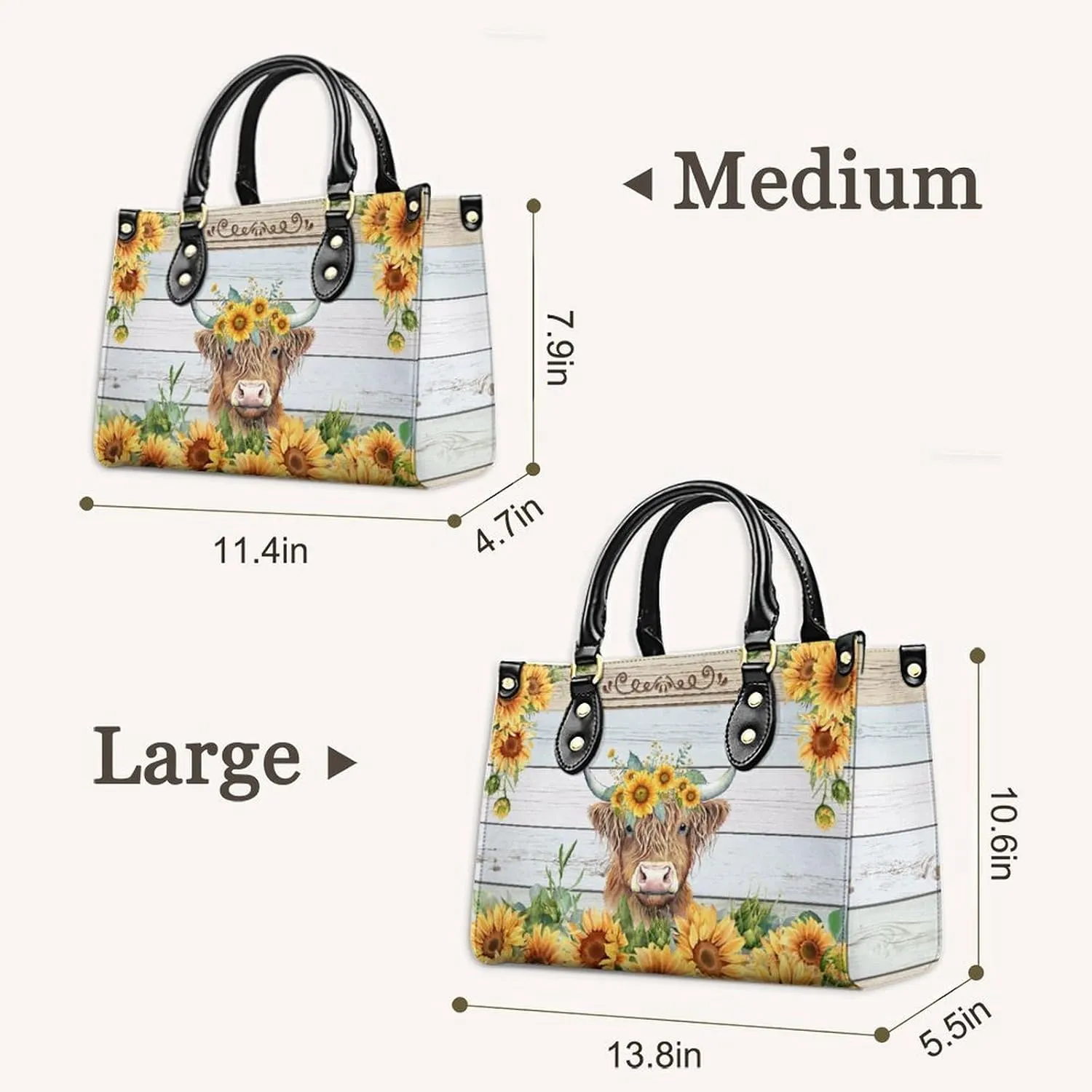 Personalized Leather Handbag for Women, Highland Cow Tote Bag, Casual Sunflower Crossbody Top-Handle Bag, Gifts for Women