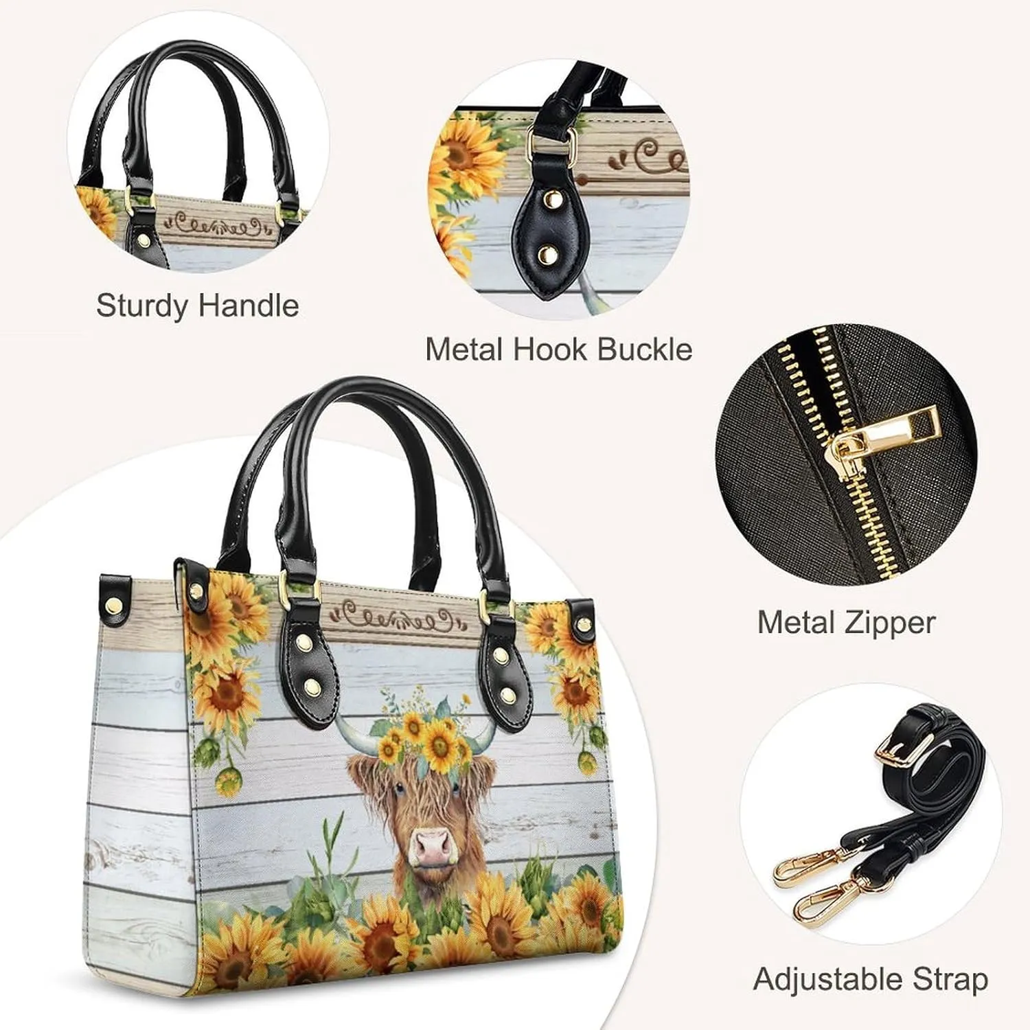Personalized Leather Handbag for Women, Highland Cow Tote Bag, Casual Sunflower Crossbody Top-Handle Bag, Gifts for Women