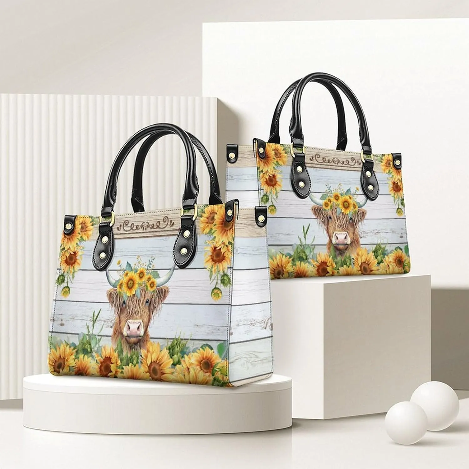 Personalized Leather Handbag for Women, Highland Cow Tote Bag, Casual Sunflower Crossbody Top-Handle Bag, Gifts for Women