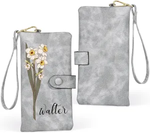 Personalized Wallet for Women, Custom Birth Flower & Name Detachable Leather Wristlet, Stylish Card Holder Purse with Zipper Large Capacity Wallet Mother's Day Gifts for Mom (Light Gray)