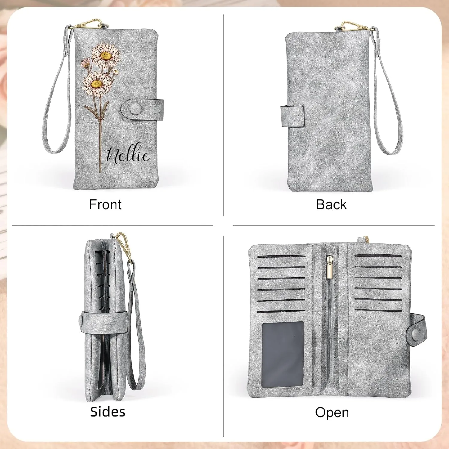 Personalized Wallet for Women, Custom Birth Flower & Name Detachable Leather Wristlet, Stylish Card Holder Purse with Zipper Large Capacity Wallet Mother's Day Gifts for Mom (Light Gray)