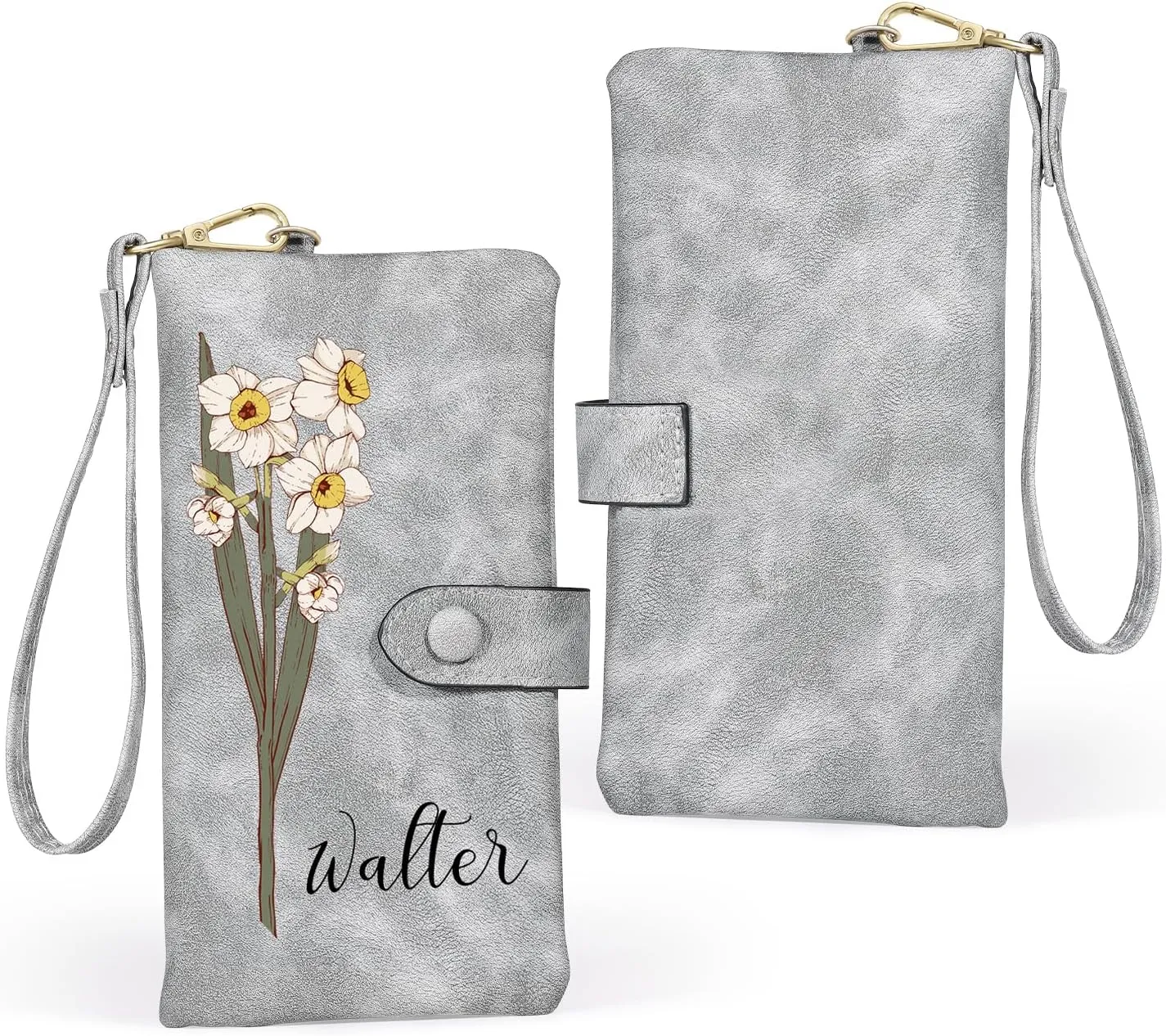Personalized Wallet for Women, Custom Birth Flower & Name Detachable Leather Wristlet, Stylish Card Holder Purse with Zipper Large Capacity Wallet Mother's Day Gifts for Mom (Light Gray)