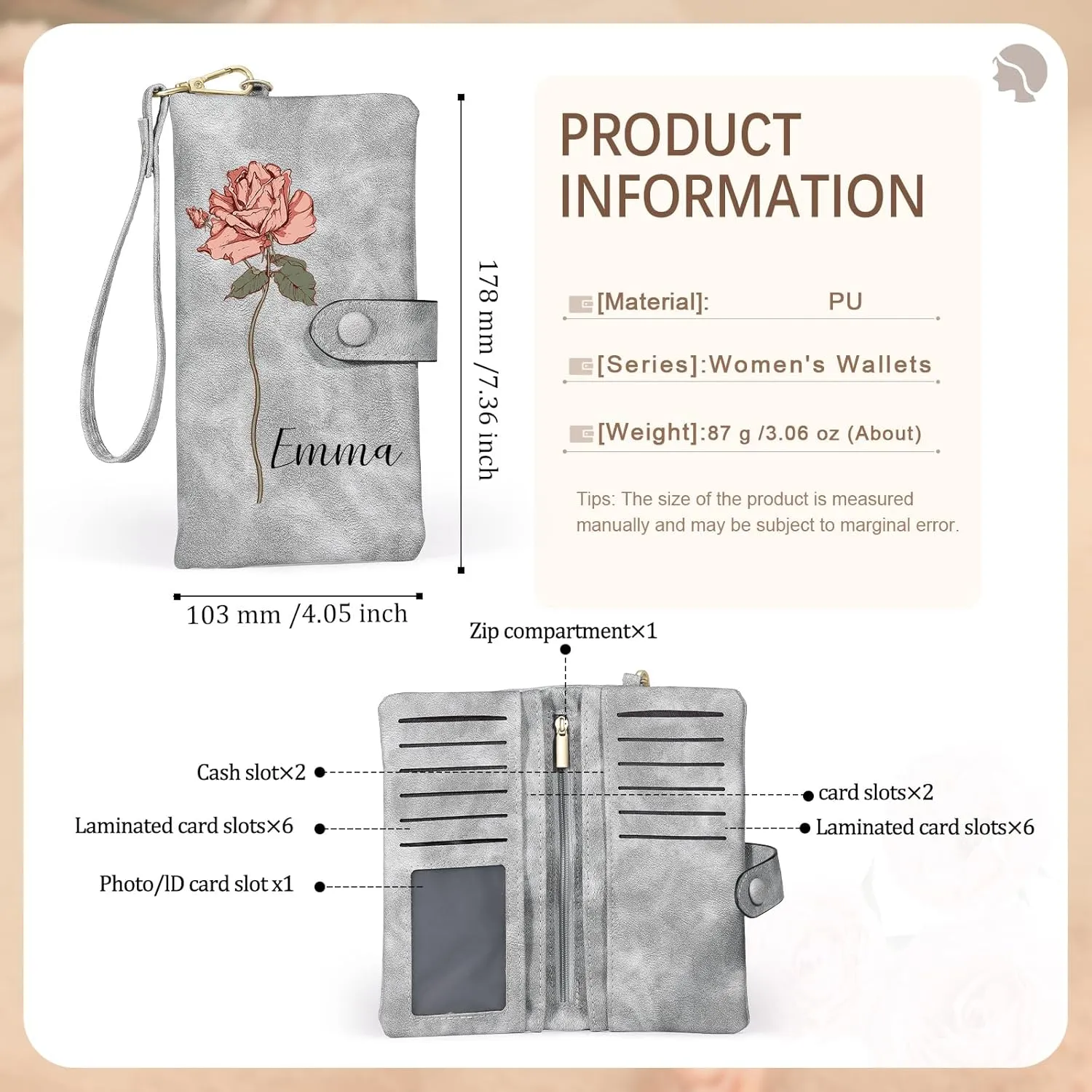 Personalized Wallet for Women, Custom Birth Flower & Name Detachable Leather Wristlet, Stylish Card Holder Purse with Zipper Large Capacity Wallet Mother's Day Gifts for Mom (Light Gray)