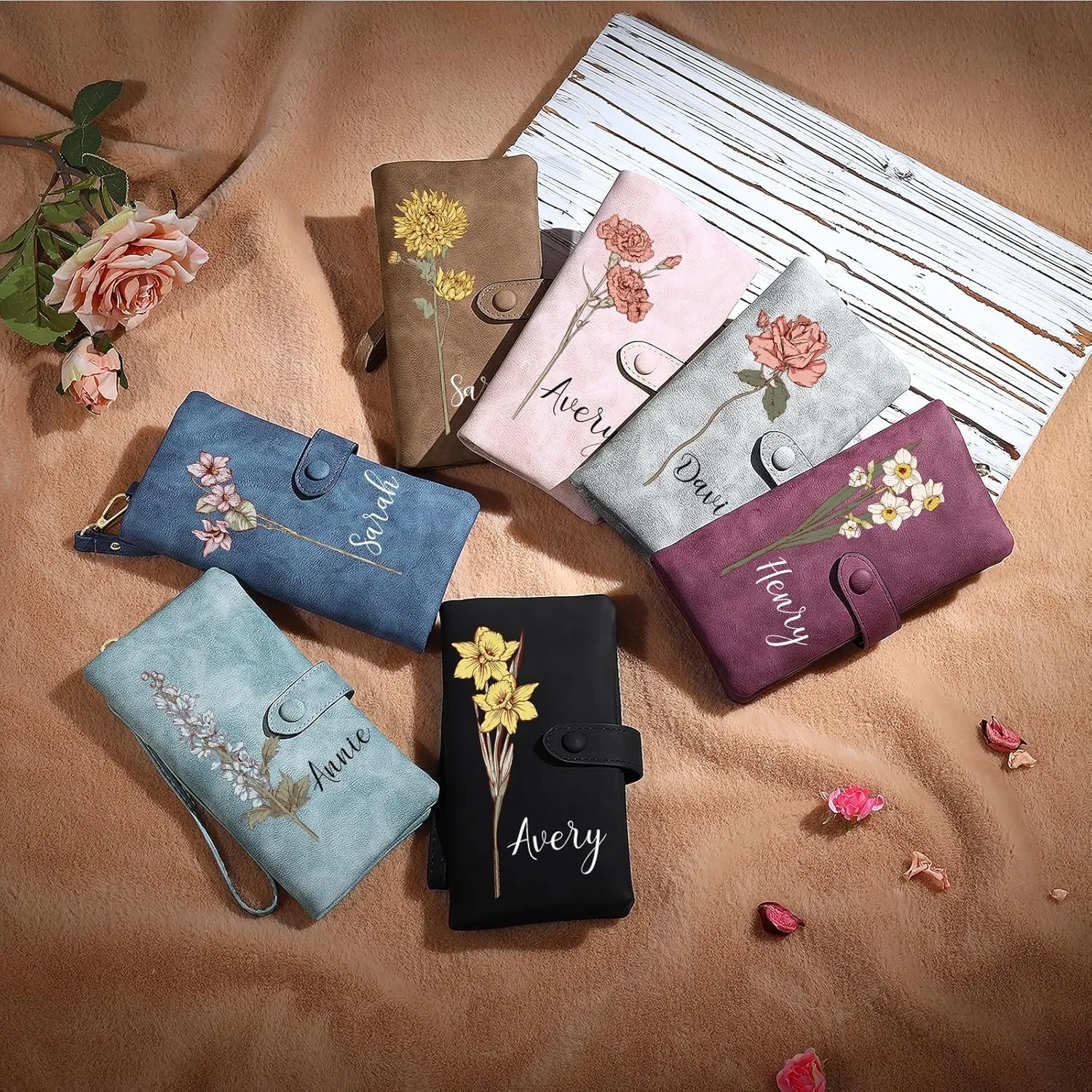 Personalized Wallet for Women, Custom Birth Flower & Name Detachable Leather Wristlet, Stylish Card Holder Purse with Zipper Large Capacity Wallet Mother's Day Gifts for Mom (Light Gray)