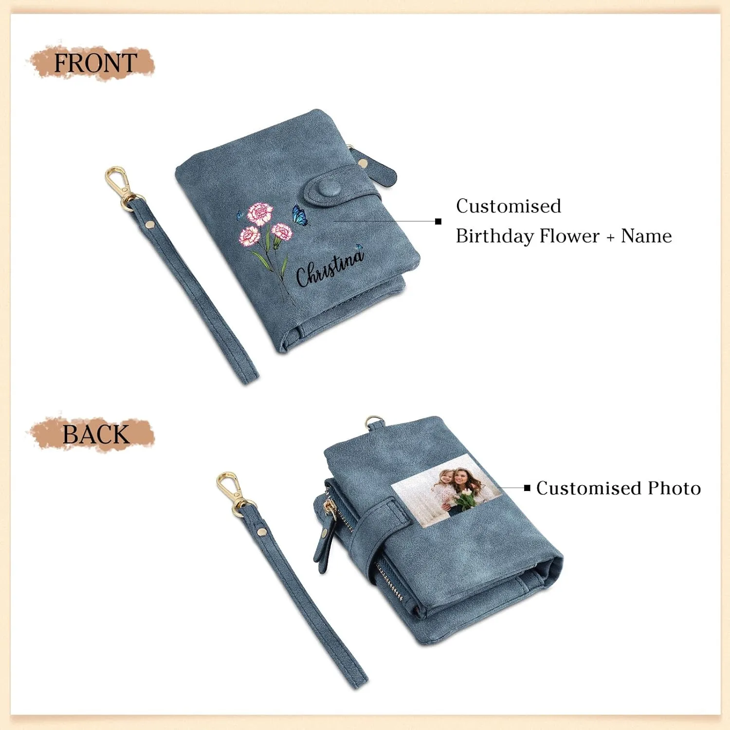 Personalized Wallet Women Small with Birth Flower and Name: Custom Bi-fold Women's Wallets - Ladies Minimalist Wallet for Women Teen Girls Gift (Dark Blue, Birth Flower Name Photo)