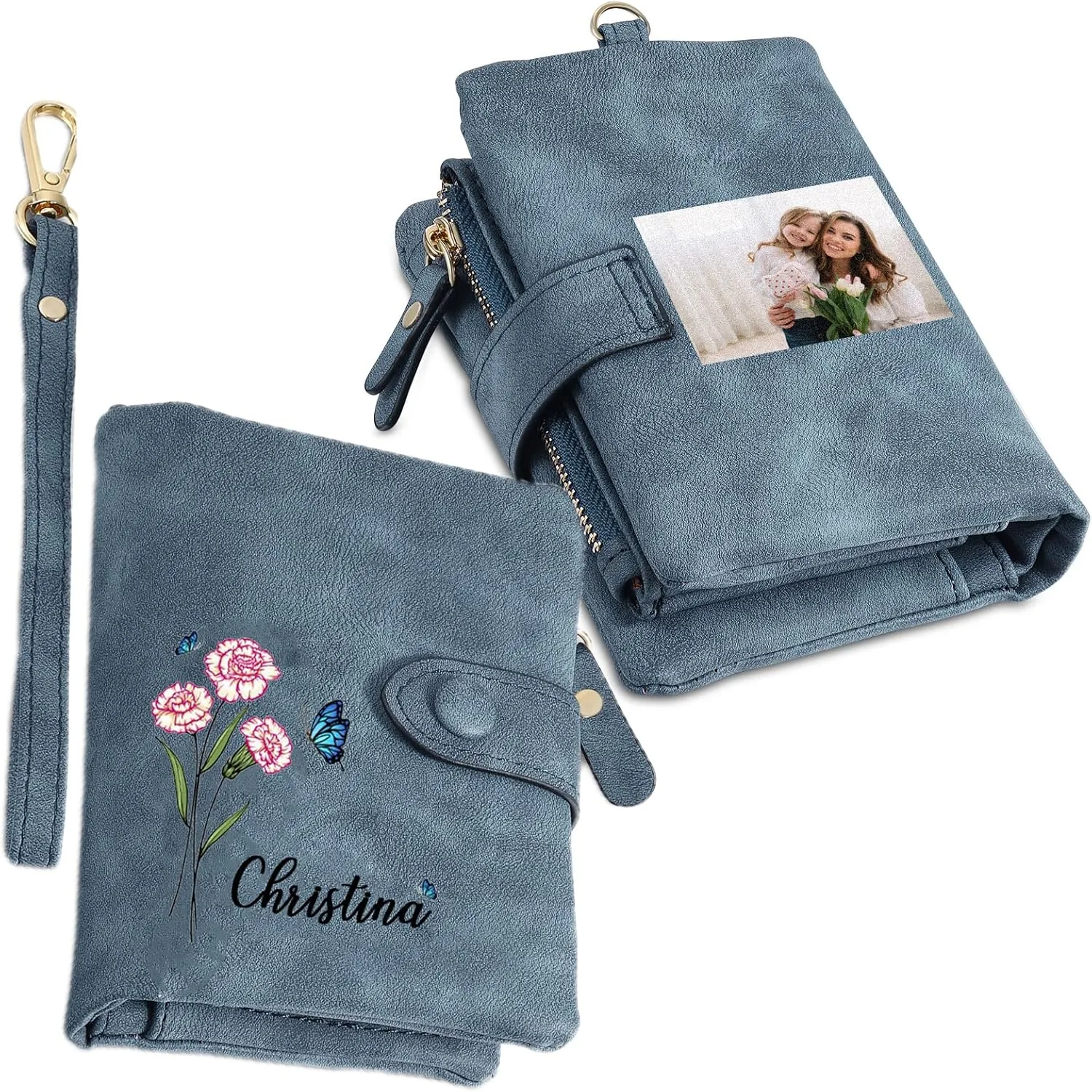 Personalized Wallet Women Small with Birth Flower and Name: Custom Bi-fold Women's Wallets - Ladies Minimalist Wallet for Women Teen Girls Gift (Dark Blue, Birth Flower Name Photo)