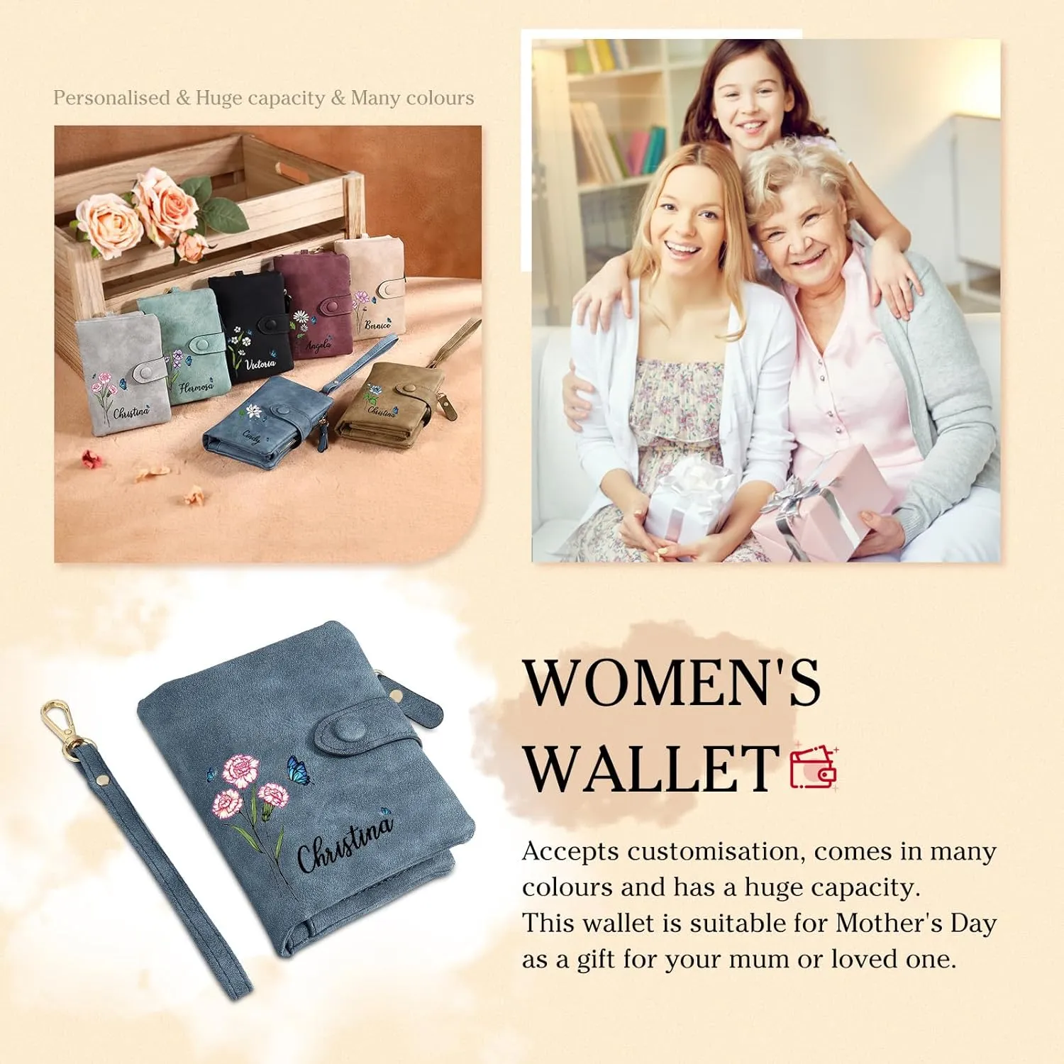 Personalized Wallet Women Small with Birth Flower and Name: Custom Bi-fold Women's Wallets - Ladies Minimalist Wallet for Women Teen Girls Gift (Dark Blue, Birth Flower Name Photo)