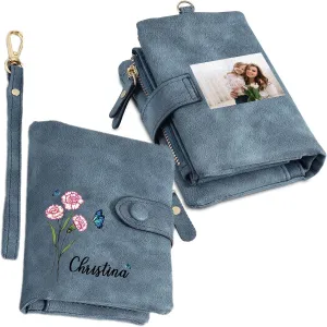 Personalized Wallet Women Small with Birth Flower and Name: Custom Bi-fold Women's Wallets - Ladies Minimalist Wallet for Women Teen Girls Gift (Dark Blue, Birth Flower Name Photo)