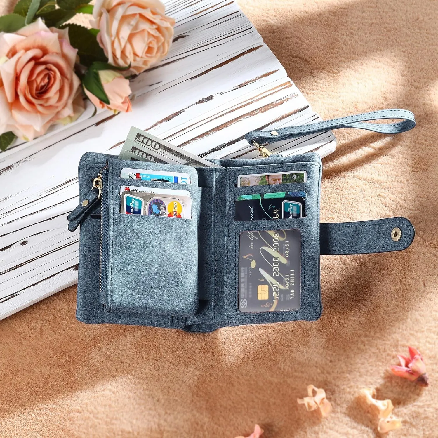 Personalized Wallet Women Small with Birth Flower and Name: Custom Bi-fold Women's Wallets - Ladies Minimalist Wallet for Women Teen Girls Gift (Dark Blue, Birth Flower Name Photo)