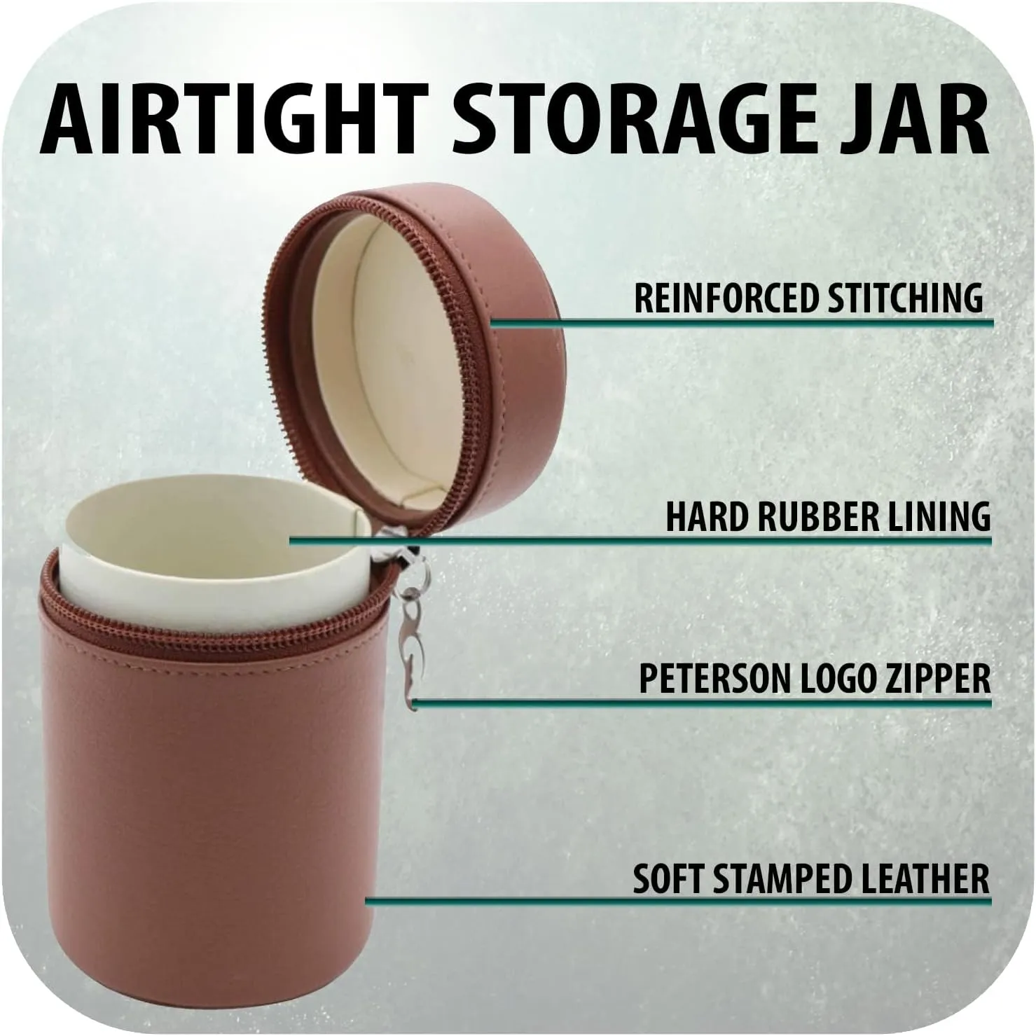 Peterson Grafton Tobacco Jar - Genuine Leather Storage Container with Hard Surgical Rubber Lining & Zipper Enclosure (Large)