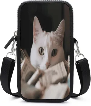 Phone Bag,White Cat And Pile of Dollars Print Mobile Phone Wallet,mobile Phone Bag,small Crossbody Purse,small Crossbody Cell Phone Purse