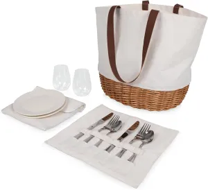PICNIC TIME Promenade Picnic Basket for 2, Canvas and Willow Picnic Set - Includes Utensil Set, Glasses, and Plates, (Beige Canvas)