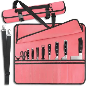 Pink Chef Knife Bag With 10 Slots Cutlery Knives Holders Protectors, Home Kitchen Travel Cooking Tools, Portable Canvas Knife Roll Storage Bag Chef Case for Camping or Working