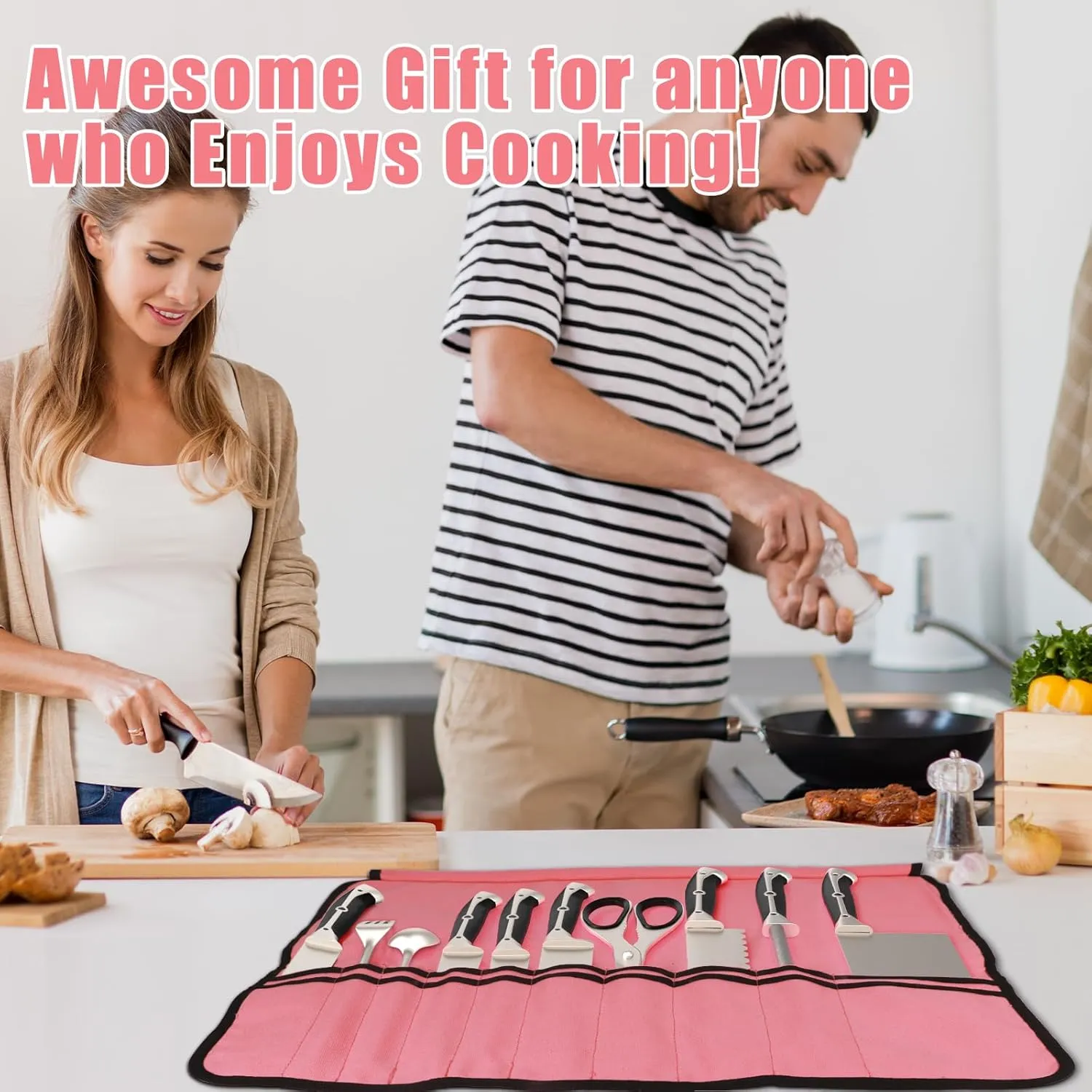 Pink Chef Knife Bag With 10 Slots Cutlery Knives Holders Protectors, Home Kitchen Travel Cooking Tools, Portable Canvas Knife Roll Storage Bag Chef Case for Camping or Working