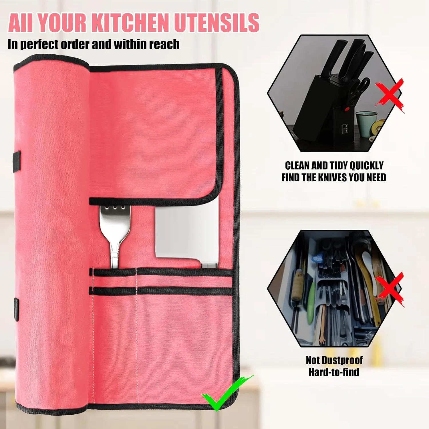 Pink Chef Knife Bag With 10 Slots Cutlery Knives Holders Protectors, Home Kitchen Travel Cooking Tools, Portable Canvas Knife Roll Storage Bag Chef Case for Camping or Working