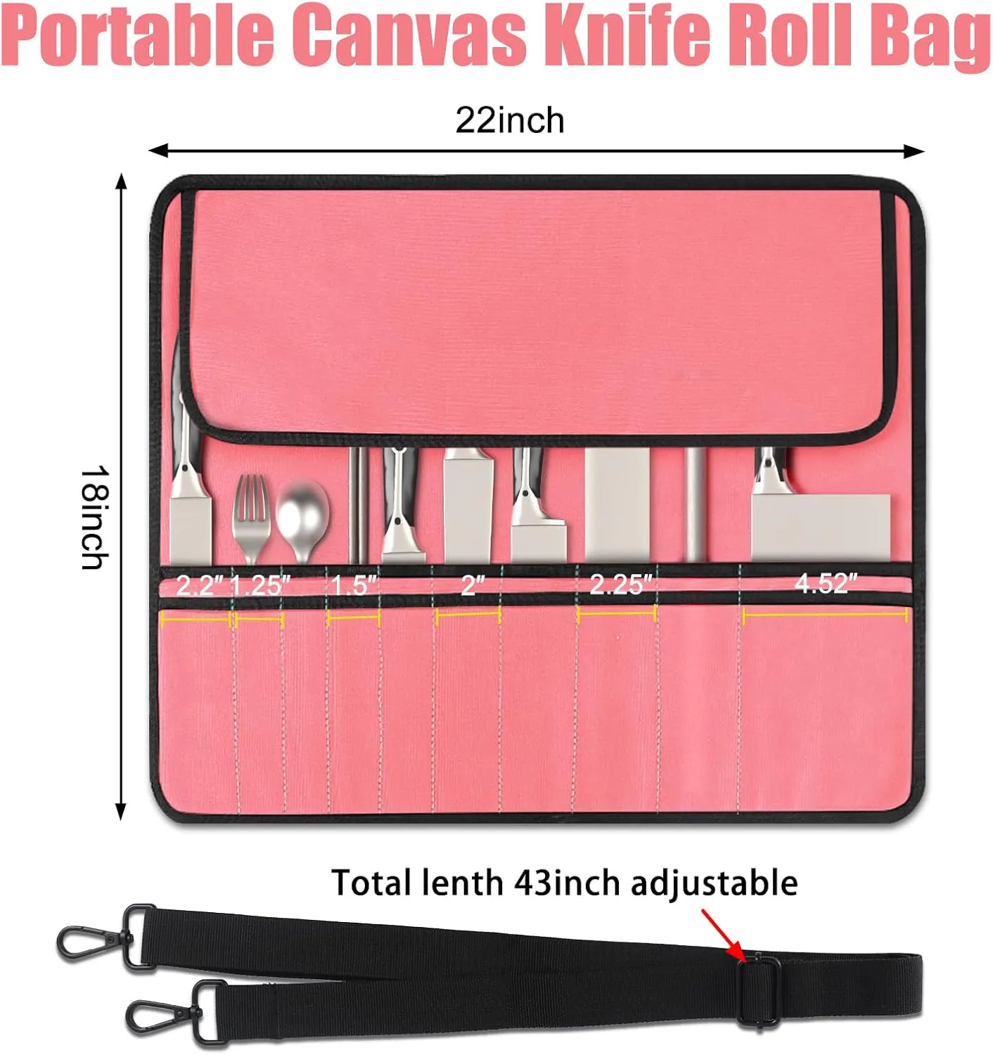Pink Chef Knife Bag With 10 Slots Cutlery Knives Holders Protectors, Home Kitchen Travel Cooking Tools, Portable Canvas Knife Roll Storage Bag Chef Case for Camping or Working