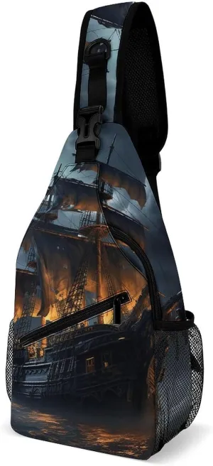 Pirate Sailboat Full Moon Sling Bag Waterproof Lightweight Crossbody Chest Bag Casual Travel Hiking Daypack for Women Men