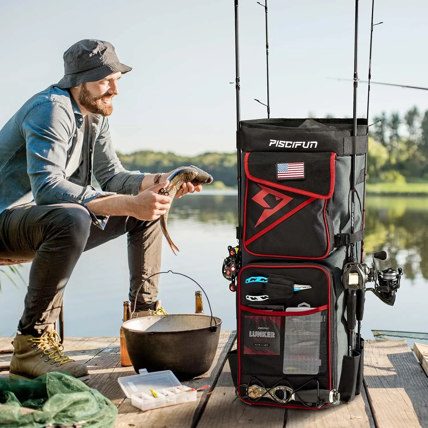Piscifun Fishing Rod Bag Holds 8 Rods & Reels, 70L Large Storage Fishing Rod Case, Foldable Fishing Pole Bag for Carrying Fishing Gear and Equipment, Portable Fishing Rod Storage Bag, Red
