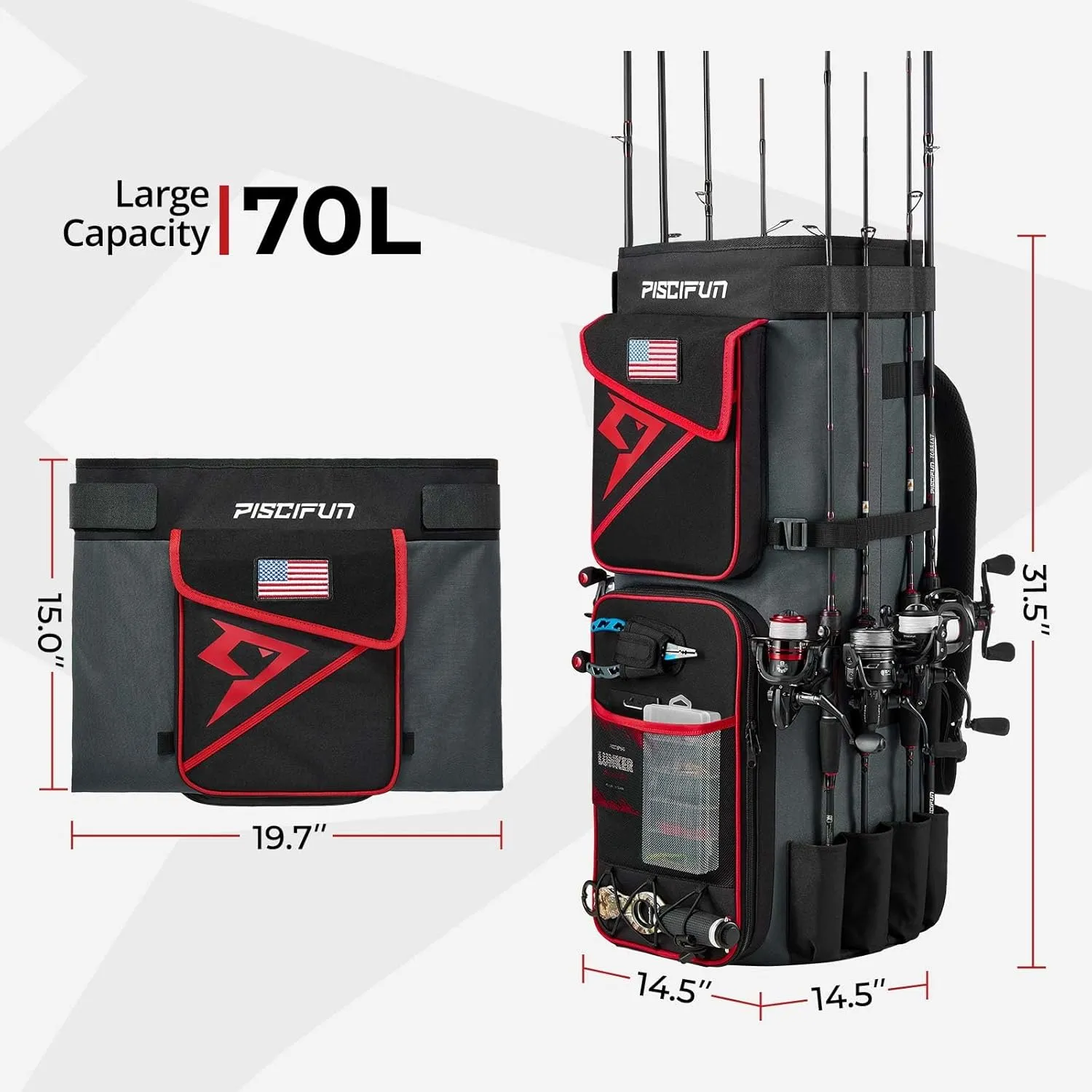 Piscifun Fishing Rod Bag Holds 8 Rods & Reels, 70L Large Storage Fishing Rod Case, Foldable Fishing Pole Bag for Carrying Fishing Gear and Equipment, Portable Fishing Rod Storage Bag, Red