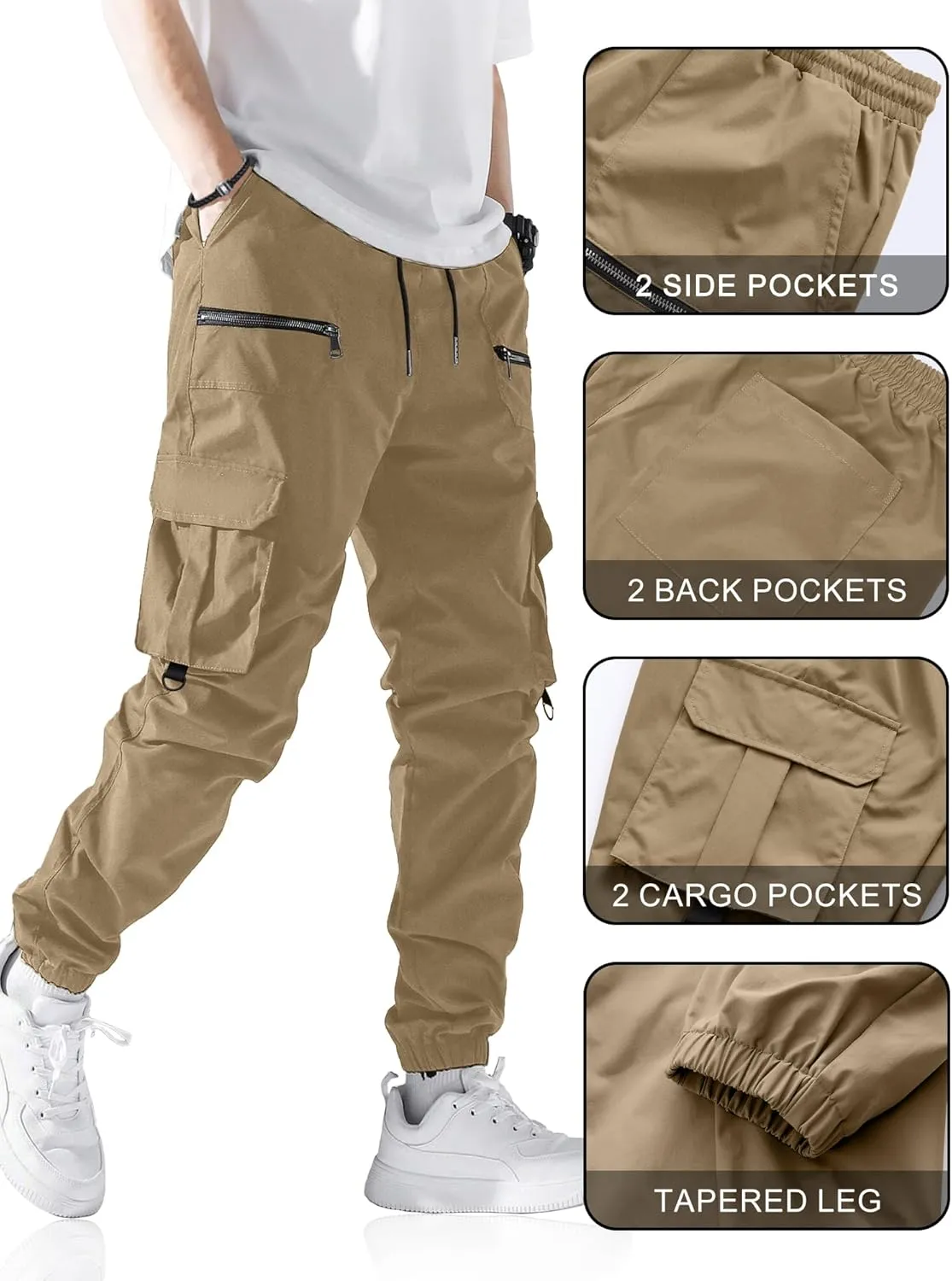 PLEPAN Men's Casual Cargo Pants Elastic Waist Drawstring Joggers Pants Tapered Sweatpants for Men Multi Pockets