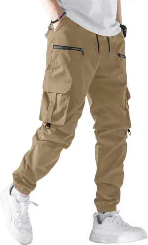 PLEPAN Men's Casual Cargo Pants Elastic Waist Drawstring Joggers Pants Tapered Sweatpants for Men Multi Pockets