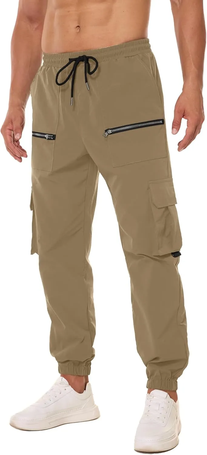 PLEPAN Men's Casual Cargo Pants Elastic Waist Drawstring Joggers Pants Tapered Sweatpants for Men Multi Pockets