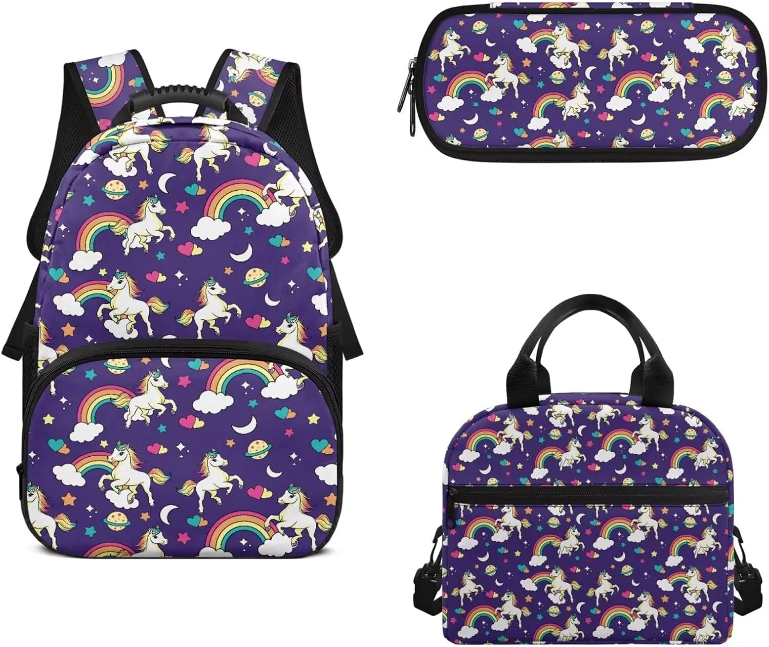Pony Laptop Backpack Set Rainbow Large Capacity Schoolbag Travel Luggage Daypack with Lunch Bag and Pencil Case Preschool Kindergarten Elementary