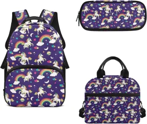 Pony Laptop Backpack Set Rainbow Large Capacity Schoolbag Travel Luggage Daypack with Lunch Bag and Pencil Case Preschool Kindergarten Elementary