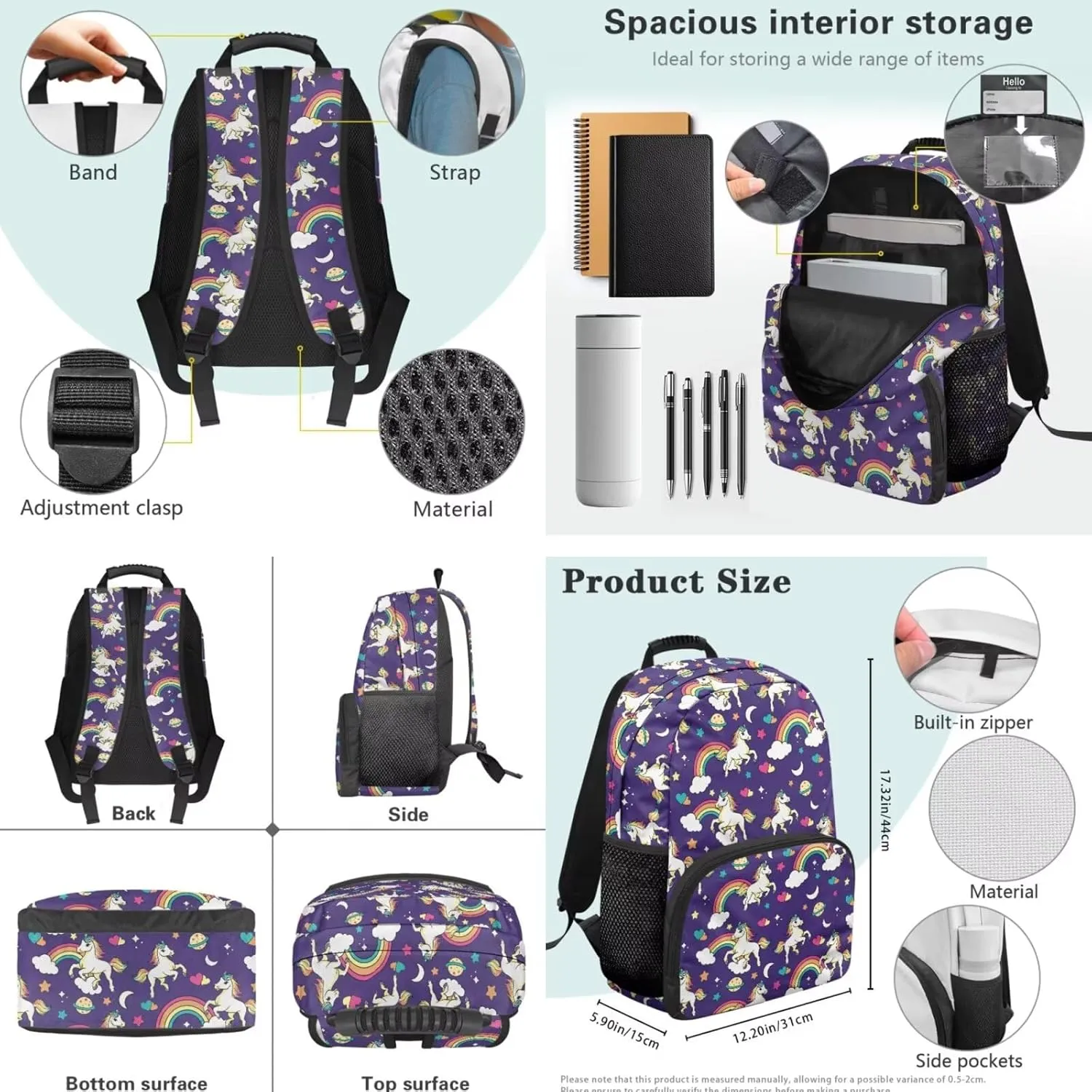 Pony Laptop Backpack Set Rainbow Large Capacity Schoolbag Travel Luggage Daypack with Lunch Bag and Pencil Case Preschool Kindergarten Elementary