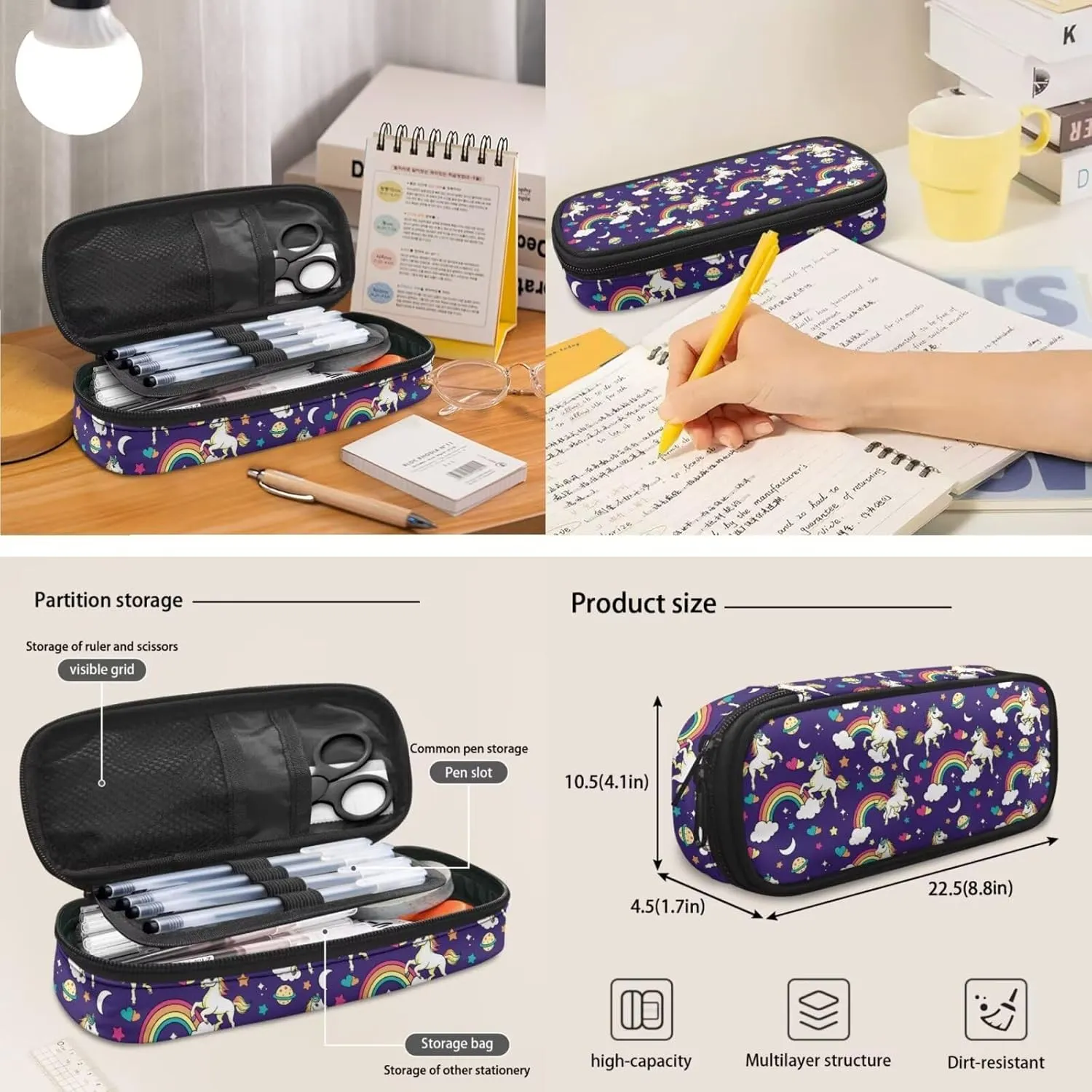 Pony Laptop Backpack Set Rainbow Large Capacity Schoolbag Travel Luggage Daypack with Lunch Bag and Pencil Case Preschool Kindergarten Elementary