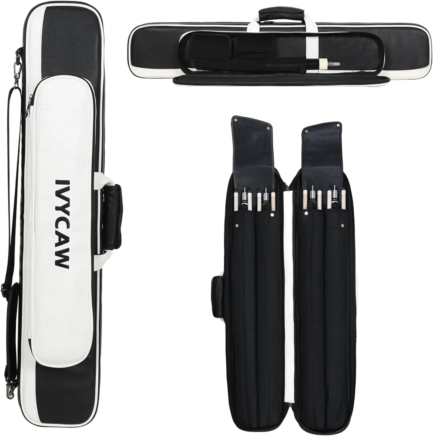 Pool Cue Case 4x8, Pool Stick Case Holds 4 Sticks with Accessory Zipper Pockets, PU Leather Pool Cue Carry Bag with Shoulder Strap Handle, Soft Billiard Cue Backpack for Men and Women