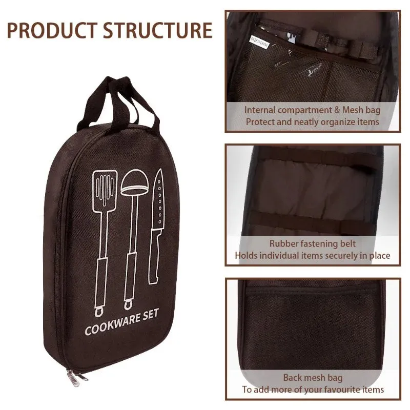 Portable Bbq Camping Utensil Bag Multi Compartment Storage For Knives Forks And Cooking Tools