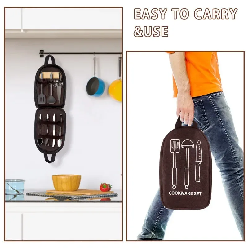 Portable Bbq Camping Utensil Bag Multi Compartment Storage For Knives Forks And Cooking Tools