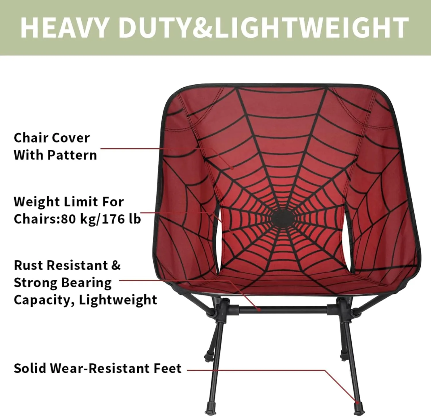 Portable Camping Chair, Folding Chairs for Outside, Red Spiders Web Lightweight Backpacking Chair, Outdoor Collapsible Beach Chairs for Adults Fishing Lawn, Picnic, Travel, Hiking