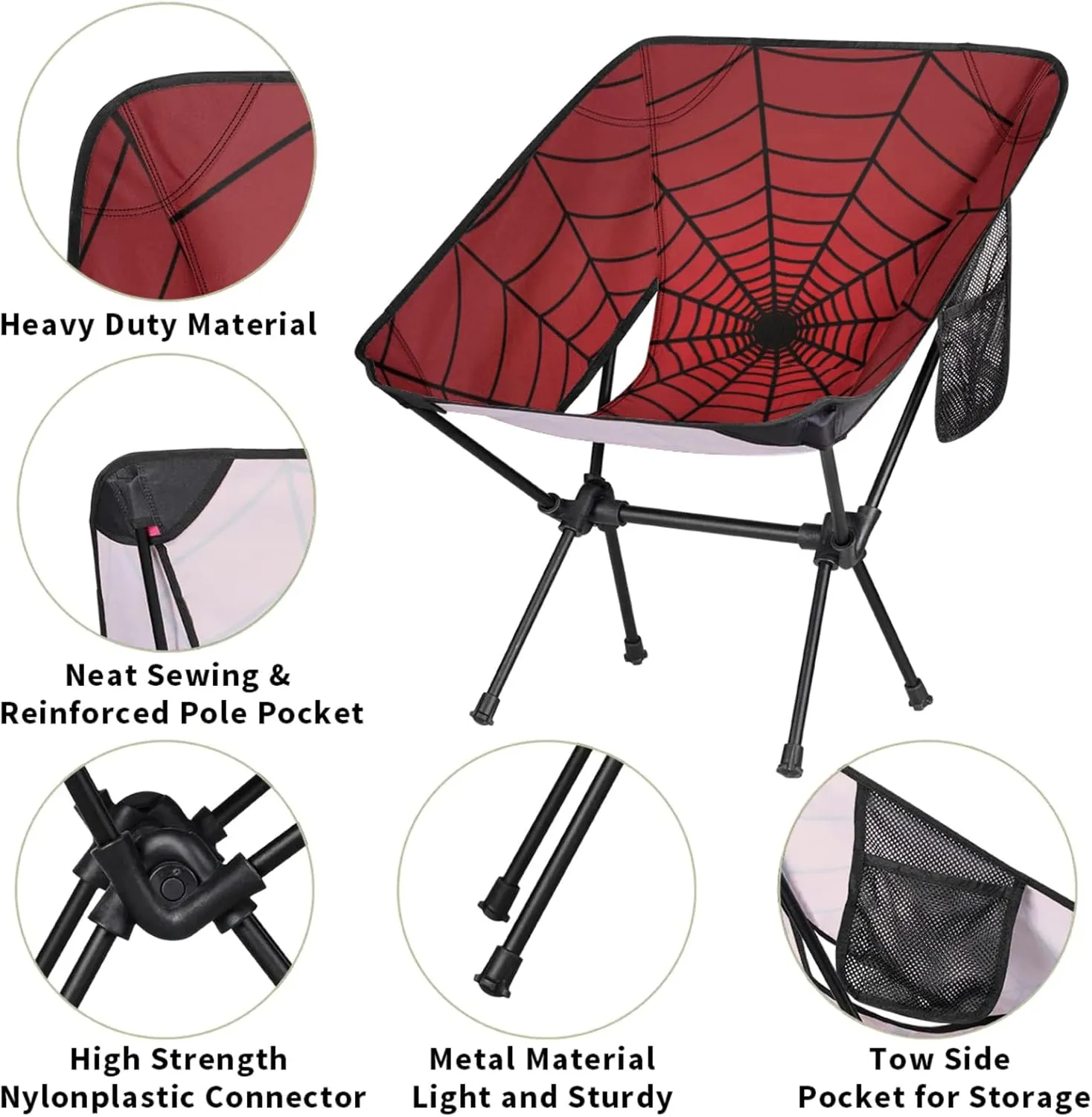 Portable Camping Chair, Folding Chairs for Outside, Red Spiders Web Lightweight Backpacking Chair, Outdoor Collapsible Beach Chairs for Adults Fishing Lawn, Picnic, Travel, Hiking