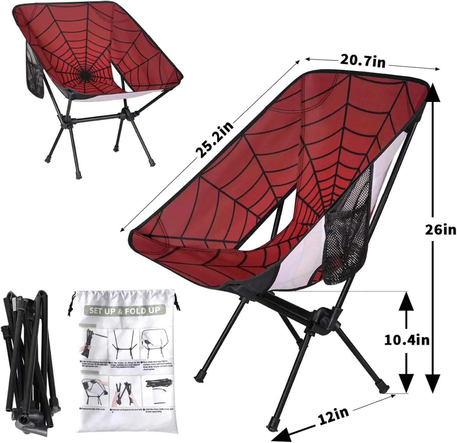 Portable Camping Chair, Folding Chairs for Outside, Red Spiders Web Lightweight Backpacking Chair, Outdoor Collapsible Beach Chairs for Adults Fishing Lawn, Picnic, Travel, Hiking