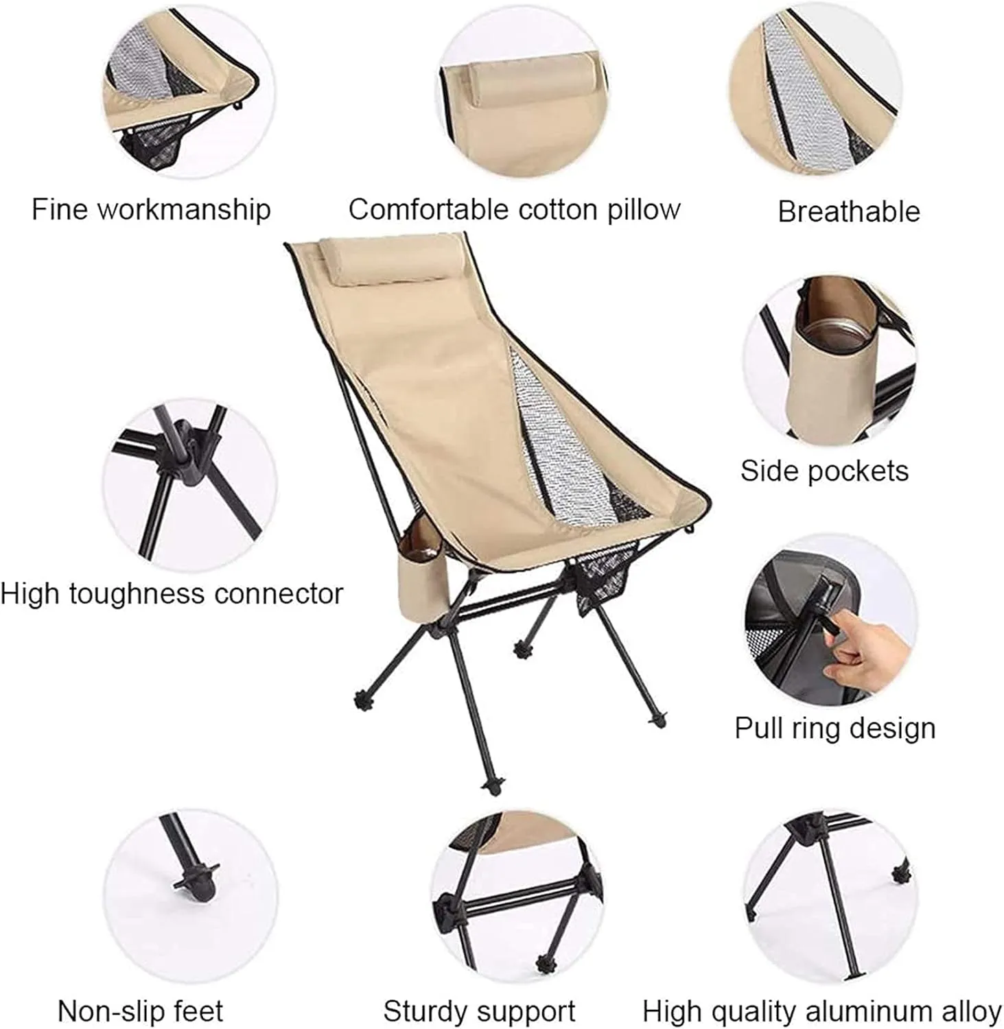 Portable Camping Chair Folding Ultra Light Aluminum Alloy Folding Chair Portable Fishing Chair Outdoor Leisure Recliner Beach Chair Bearing Capacity up to 150Kg,Blue, Beige