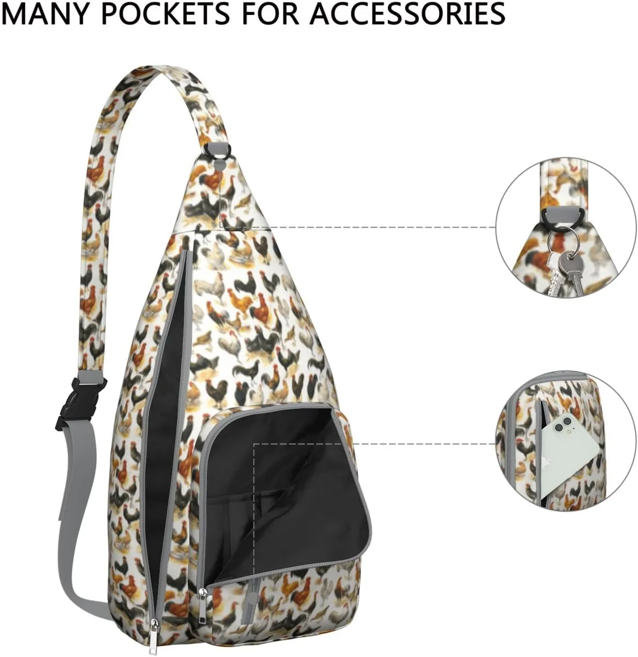 Poultry Roosters Seamless Pattern Crossbody Bag Daypack for Women Men Lightweight Waterproof Sling Bag Backpack Hiking Cycling