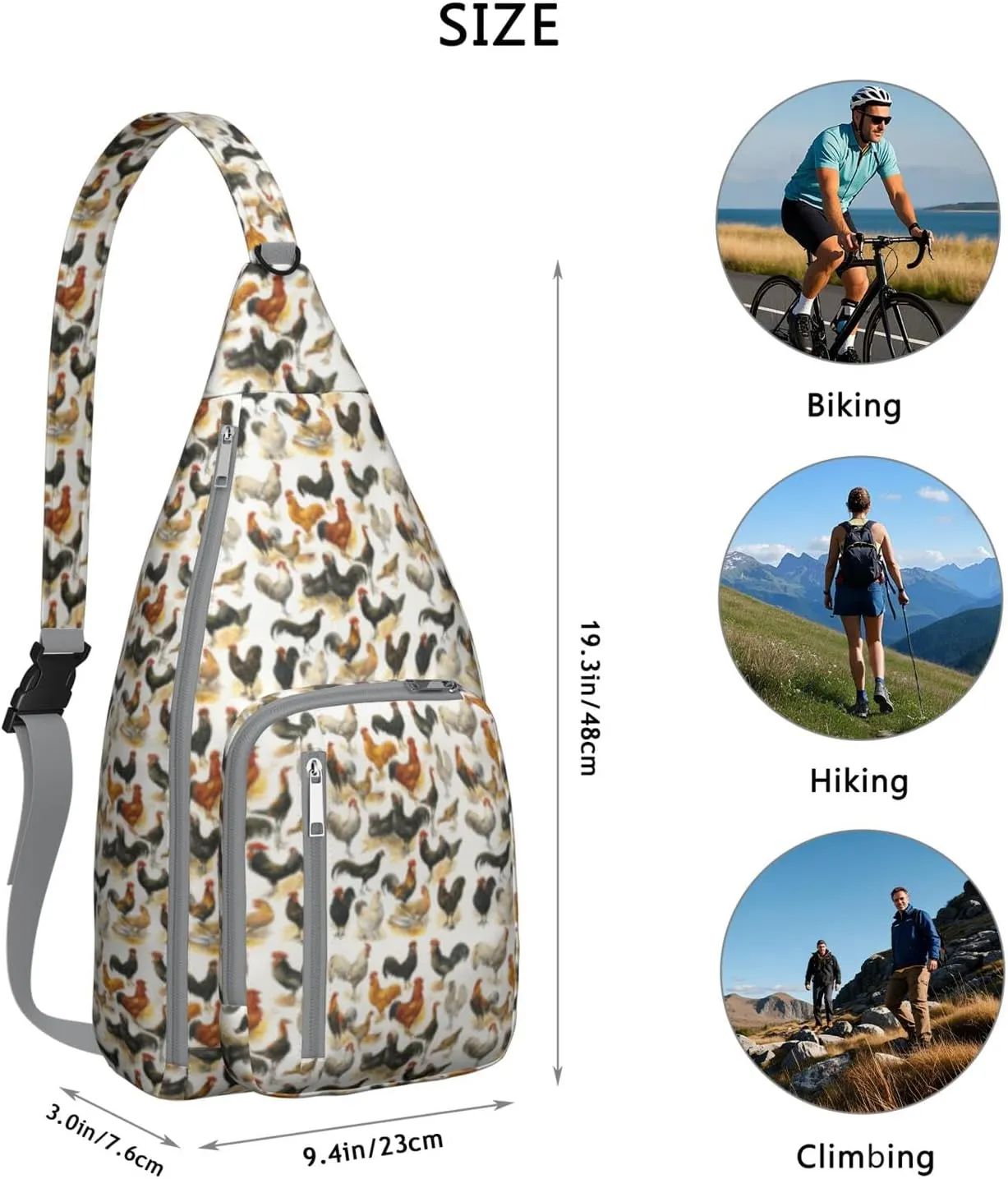 Poultry Roosters Seamless Pattern Crossbody Bag Daypack for Women Men Lightweight Waterproof Sling Bag Backpack Hiking Cycling