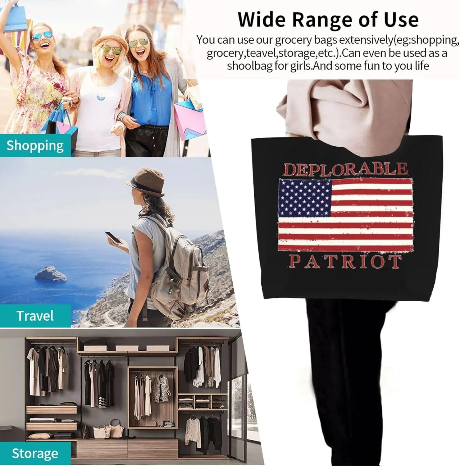 Proud Deplorable Patriot American Flag Women'S Lightweight Canvas Handbag Waterproof Reusable Shopping Bag