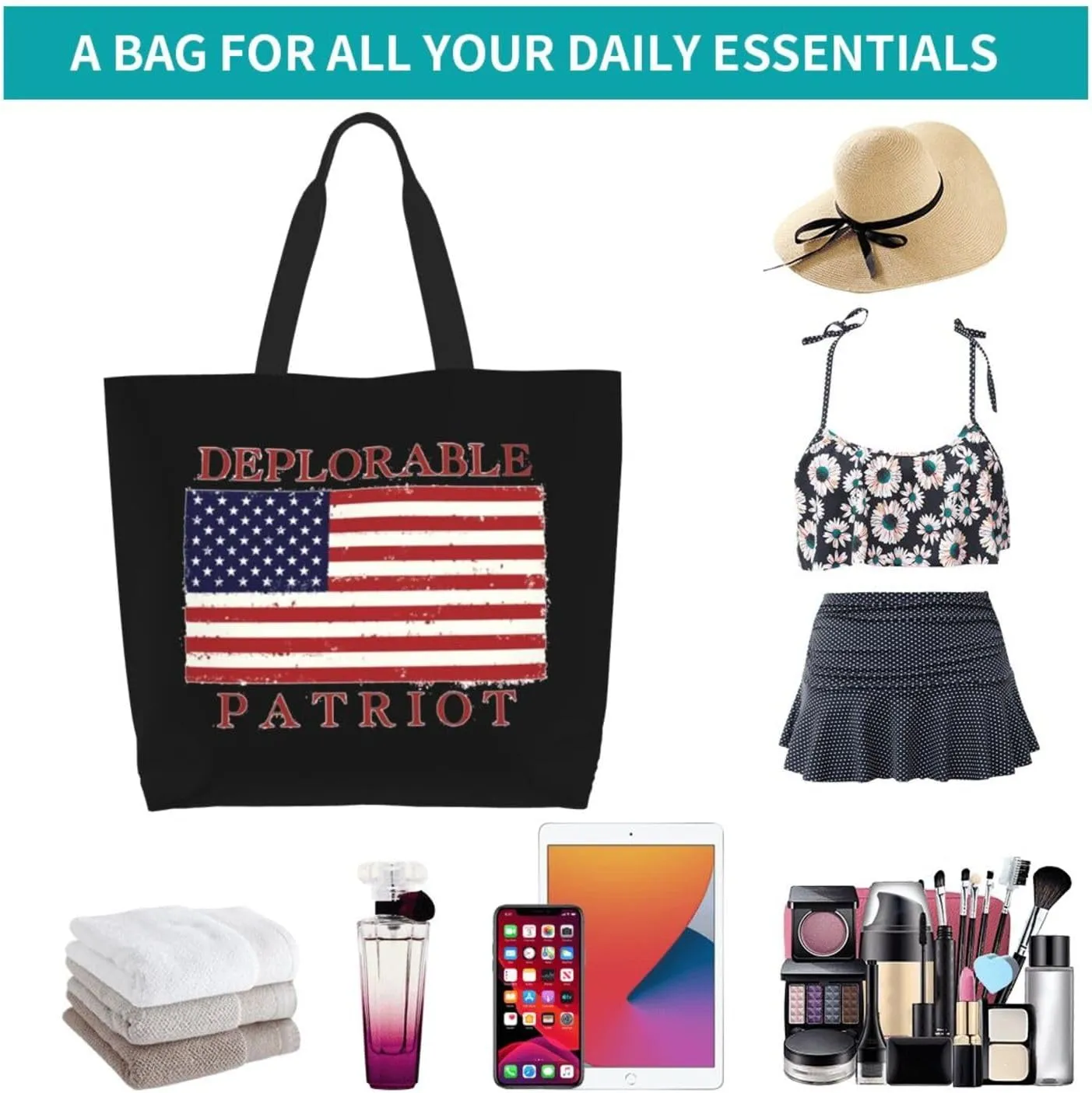 Proud Deplorable Patriot American Flag Women'S Lightweight Canvas Handbag Waterproof Reusable Shopping Bag