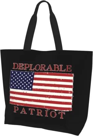 Proud Deplorable Patriot American Flag Women'S Lightweight Canvas Handbag Waterproof Reusable Shopping Bag
