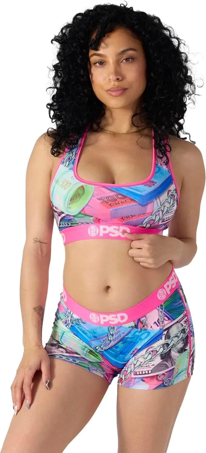 PSD Women's Money Print Sports Bra - Racerback Sports Bras for Women with Breathable Microfiber Fabric