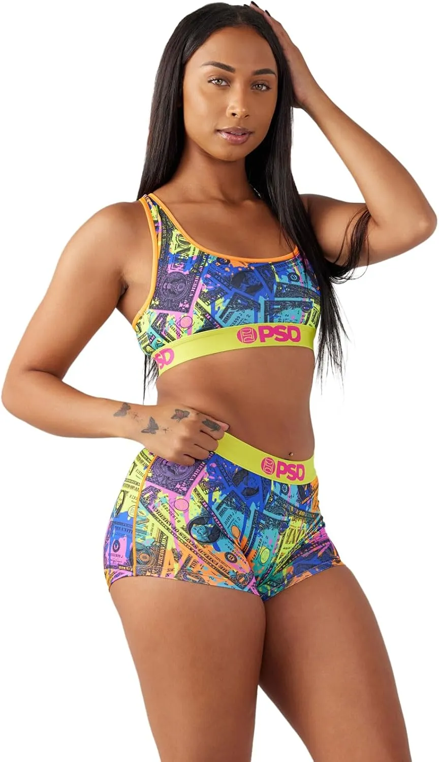 PSD Women's Money Print Sports Bra - Racerback Sports Bras for Women with Breathable Microfiber Fabric
