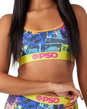 PSD Women's Money Print Sports Bra - Racerback Sports Bras for Women with Breathable Microfiber Fabric