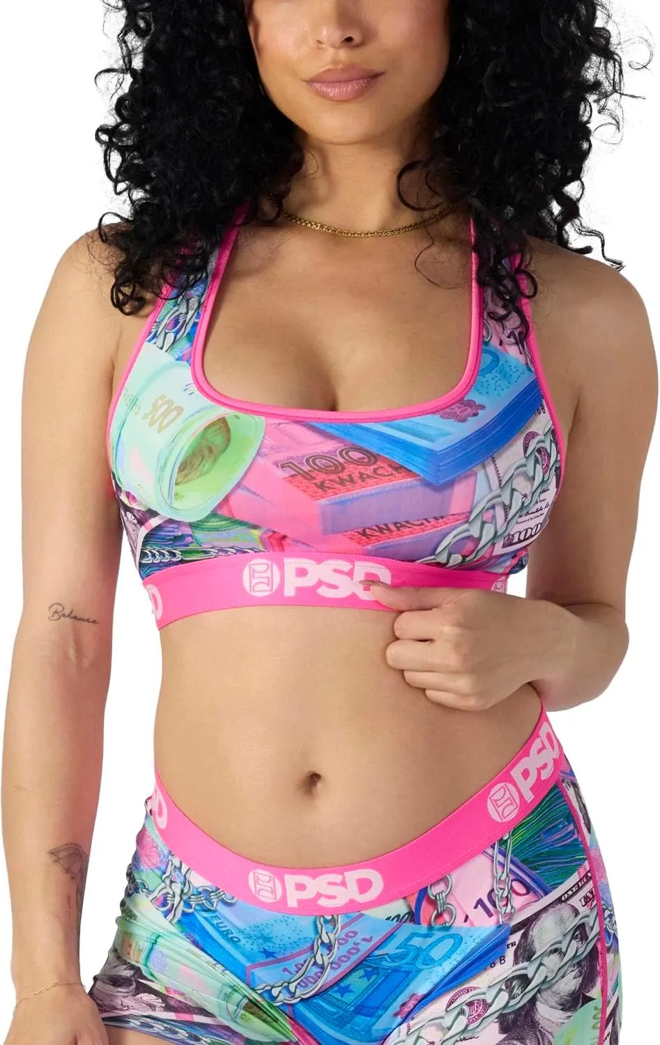 PSD Women's Money Print Sports Bra - Racerback Sports Bras for Women with Breathable Microfiber Fabric