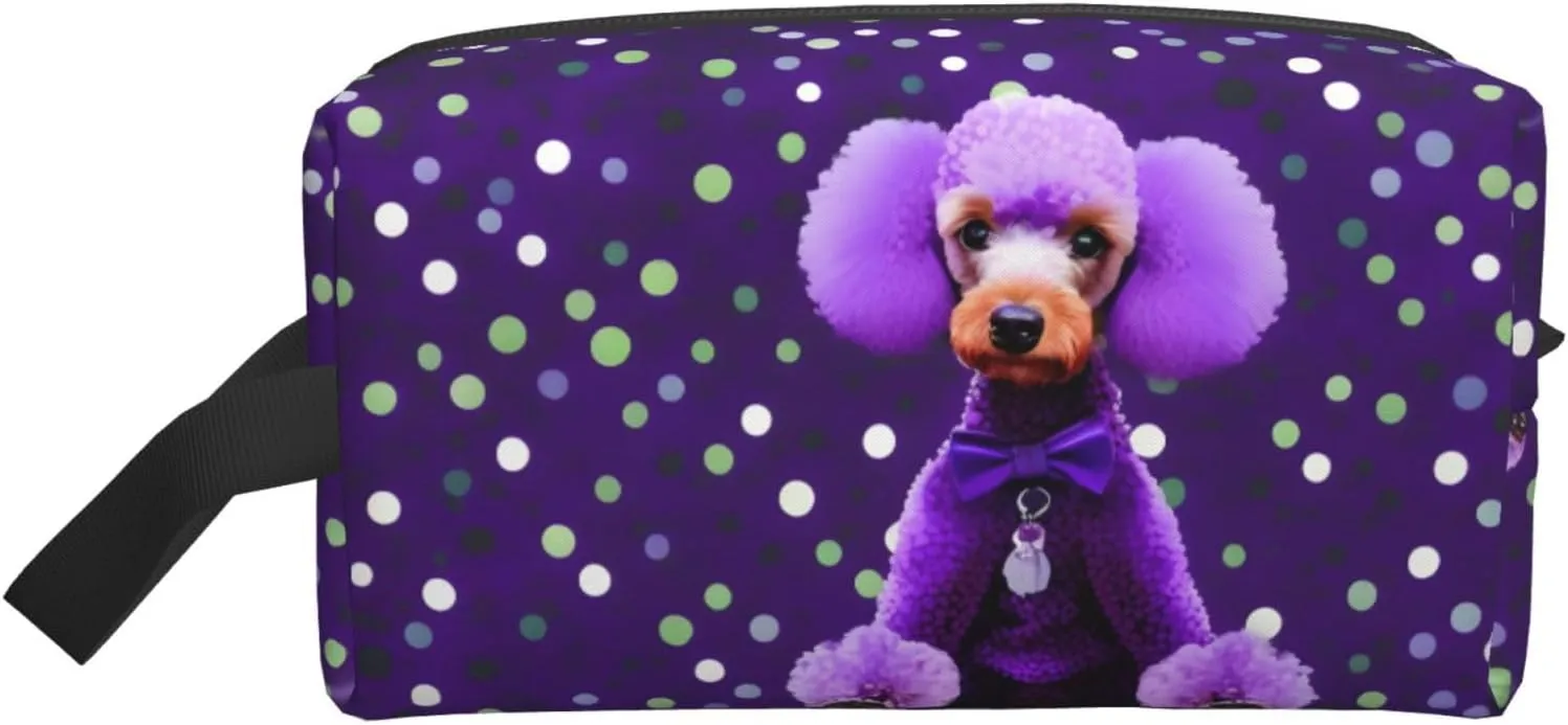 purple Poodle Polka Dots Print Portable Makeup Pouch Travel Toiletry Bag Storage Bags with Handles Large Capacity