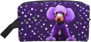 purple Poodle Polka Dots Print Portable Makeup Pouch Travel Toiletry Bag Storage Bags with Handles Large Capacity